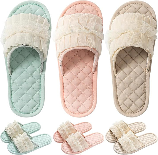 3 Pairs Floral Cotton House Slippers for Women, Open Toe Indoor Slippers Comfortable Washable Portable Foldable Guest Travel Hotel Airplane Spa Slippers