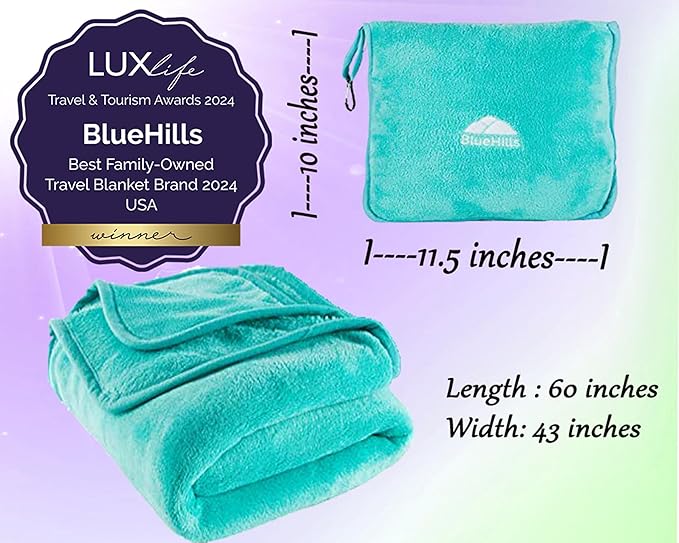 BlueHills Premium Soft Travel Blanket Pillow Airplane Blanket Packed in Soft Bag Pillowcase with Hand Luggage Belt and Backpack Clip, Compact Pack Large Warm for Any Travel (Teal Green T006)