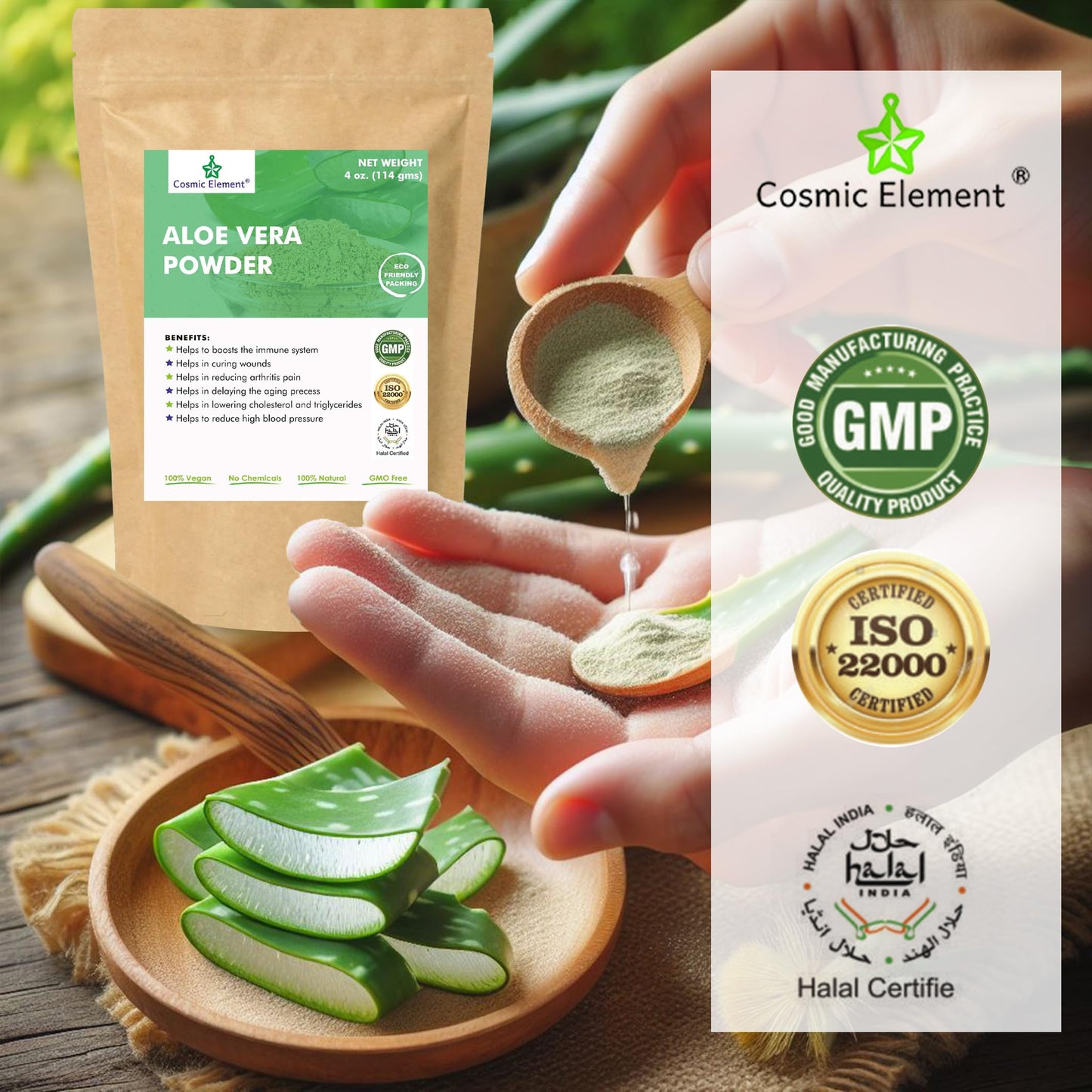 Cosmic Element Organic Aloe Vera Powder - 100% Pure Leaf Gel | Hydrating After Sun Care, Moisturizing for Face, Body & Skin | Ideal for Sun Burn, Acne, and Dry Skin - Aloe Vera Powder for Hair - 4 oz