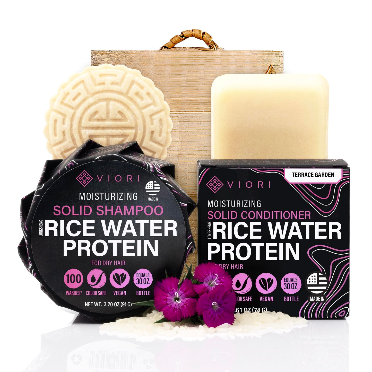 VIORI Terrace Garden Shampoo and Conditioner Bar Set and Bamboo Holder- Made with Rice Water for Hair Growth - Handcrafted Sulfate Free Shampoo and Conditioner