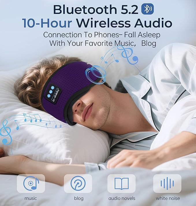 LC-dolida Bluetooth Sleep Mask with White Noise，Sleep Headphones,Bluetooth Wireless Music Eye Mask, Ideal for Travel, Night Work, Napping, Side Sleeping and Office Use for Both Men and Women(Purple)