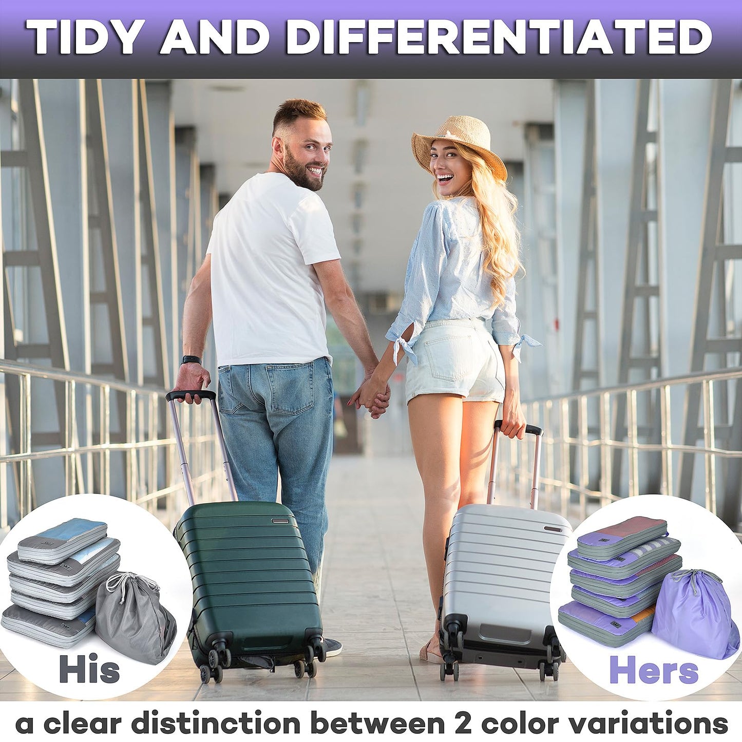 12 Pc Set Compression Packing Cubes - WONGLE His and Hers Family Travel Organizer Compressible Packing Cubes for Suitcases, Luggage Organizer Bags, Travel Accessories, Shoe Bag (Purple/Grey)