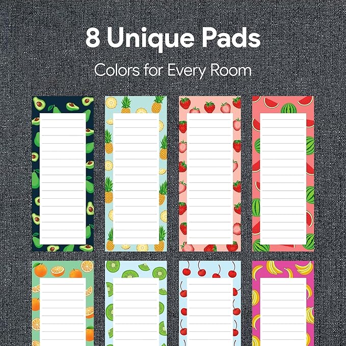 8 Magnetic Notepads – Notepads for Grocery List, Shopping List, To-Do List, Reminders -Strong Magnetic Back- Memo Notepad with Realistic Fruit Designs | 25 Sheets per Pad 7.5 x 3.5 inch (8 Pack)