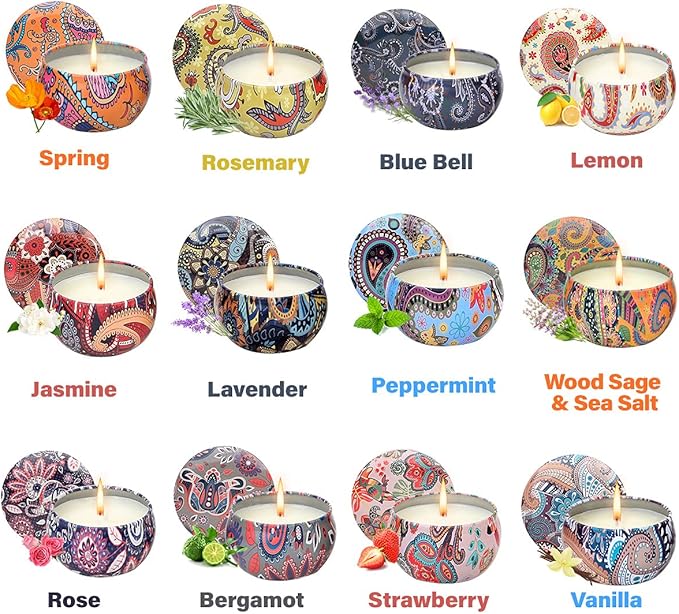 Scented Candles Gift Set for Women, 12 Pack 2.5 Oz Soy Wax Travel Tin Aromatherapy Candles for Home Scented, Perfect for Birthday, Christmas, Stress Relief, Spa, Bath, and Home Decor