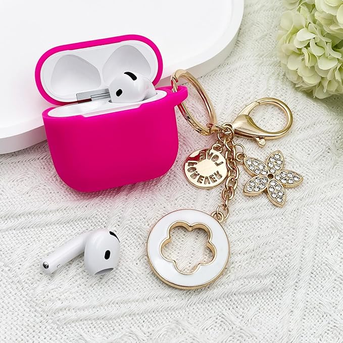 Airpods 4 Cases Silicone Protective Case for Airpod 4 with Bling Keychain for Apple AirPods 4th Generation Wireless Earbuds with Cleaner Kit (Hot Pink)