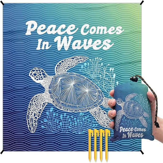 Beach Turtle Pocket Picnic Blankets, Blue Ocean Coastal Mini Beach Camping Blanket Waterproof Sandproof, Rustic Sea RV Outdoor Picnic Blanket Mat Gifts for Camper Campsite Travel 55x60in