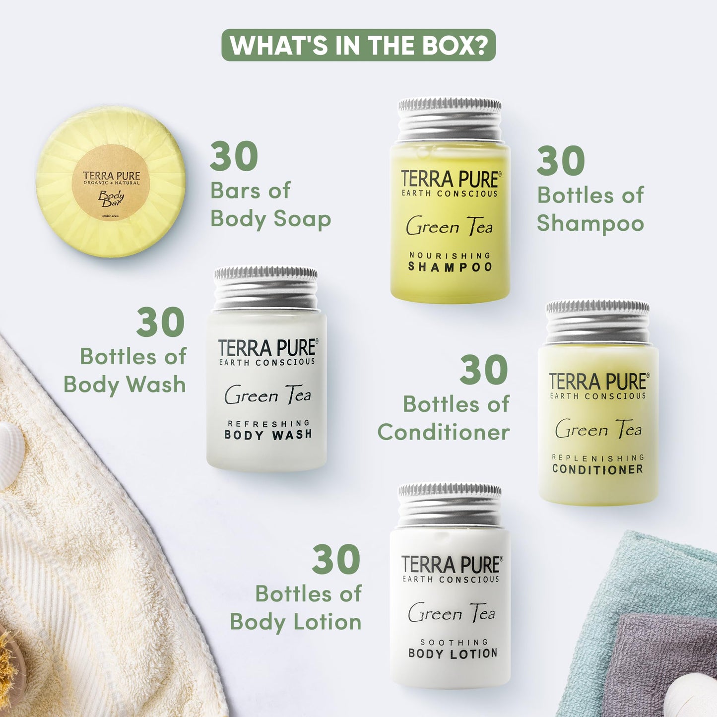 Terra Pure Hotel Soaps & Toiletries Bulk Set | 1-Shoppe Amenities Kit | 1oz Shampoo & Conditioner, Body Wash, Lotion, 1.25oz Bar Soap | Travel Size | 150 Pieces