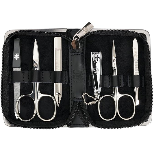 3 Swords Germany - brand quality 6 piece manicure pedicure kit set for professional finger & toe nail care with leather case - Made in Germany - black genuine leather