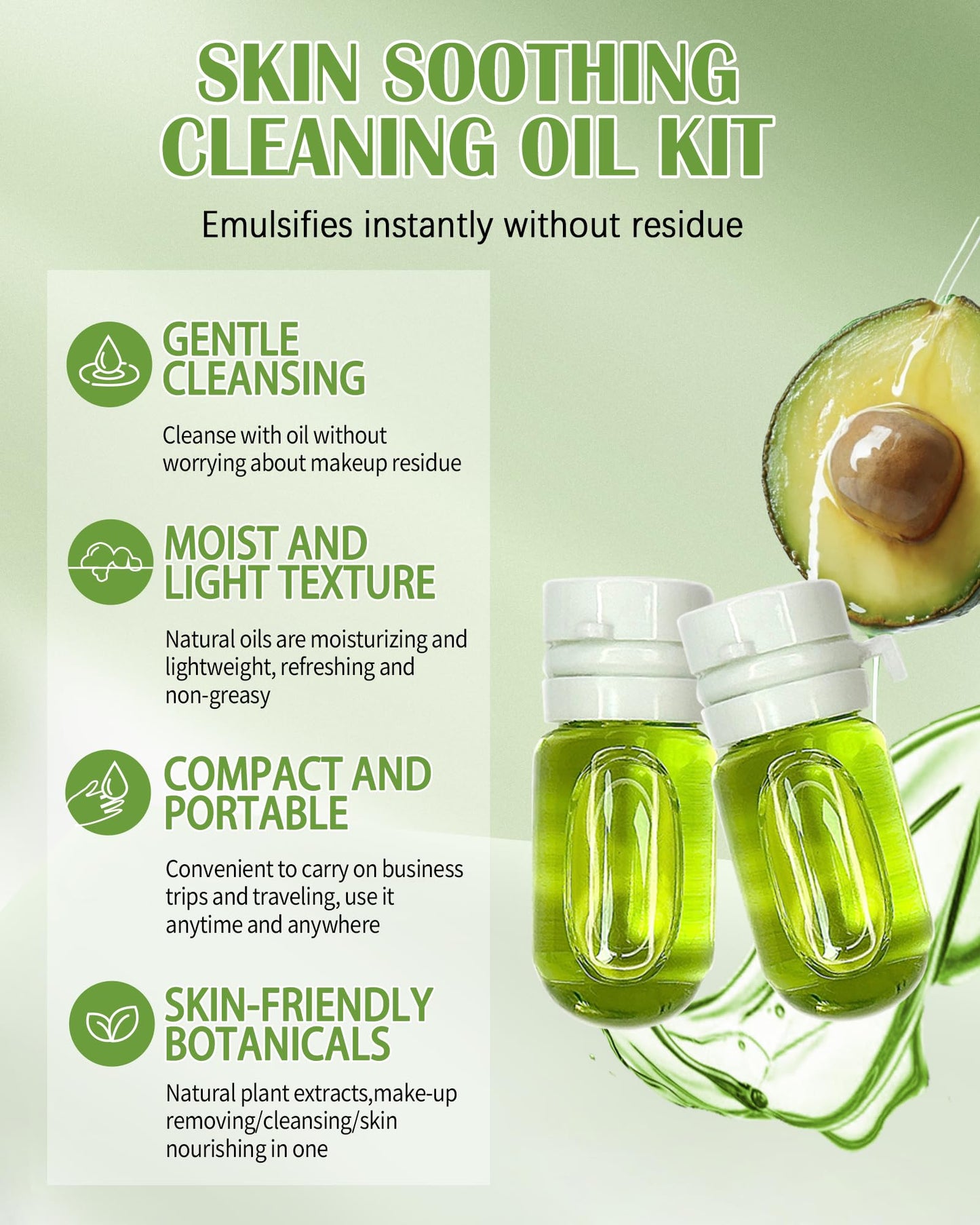 Makeup Remover Oil Portable Kit-7 Pcs Mini Travel Size Bottles Cleansing Oil for Face,Skincare Small Makeup Remover Oils,Deep Cleaning without Clogging Pore,for Dry & Neutral Skin (Green)