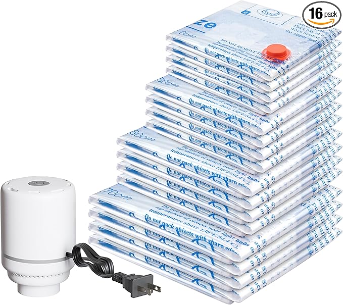Vacuum Storage Bags with Electric Air Pump 16 Combo (4 Jumbo/4 Large/4 Medium/4 Small), Plastic Packaging Bags,Travel Vacuum Bags For Luggage,Clothes, Pillows, Comforters, Blankets, Bedding
