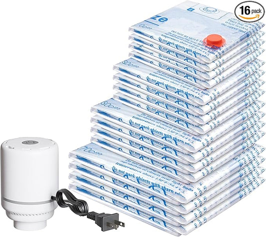 Vacuum Storage Bags with Electric Air Pump 16 Combo (4 Jumbo/4 Large/4 Medium/4 Small), Plastic Packaging Bags,Travel Vacuum Bags For Luggage,Clothes, Pillows, Comforters, Blankets, Bedding