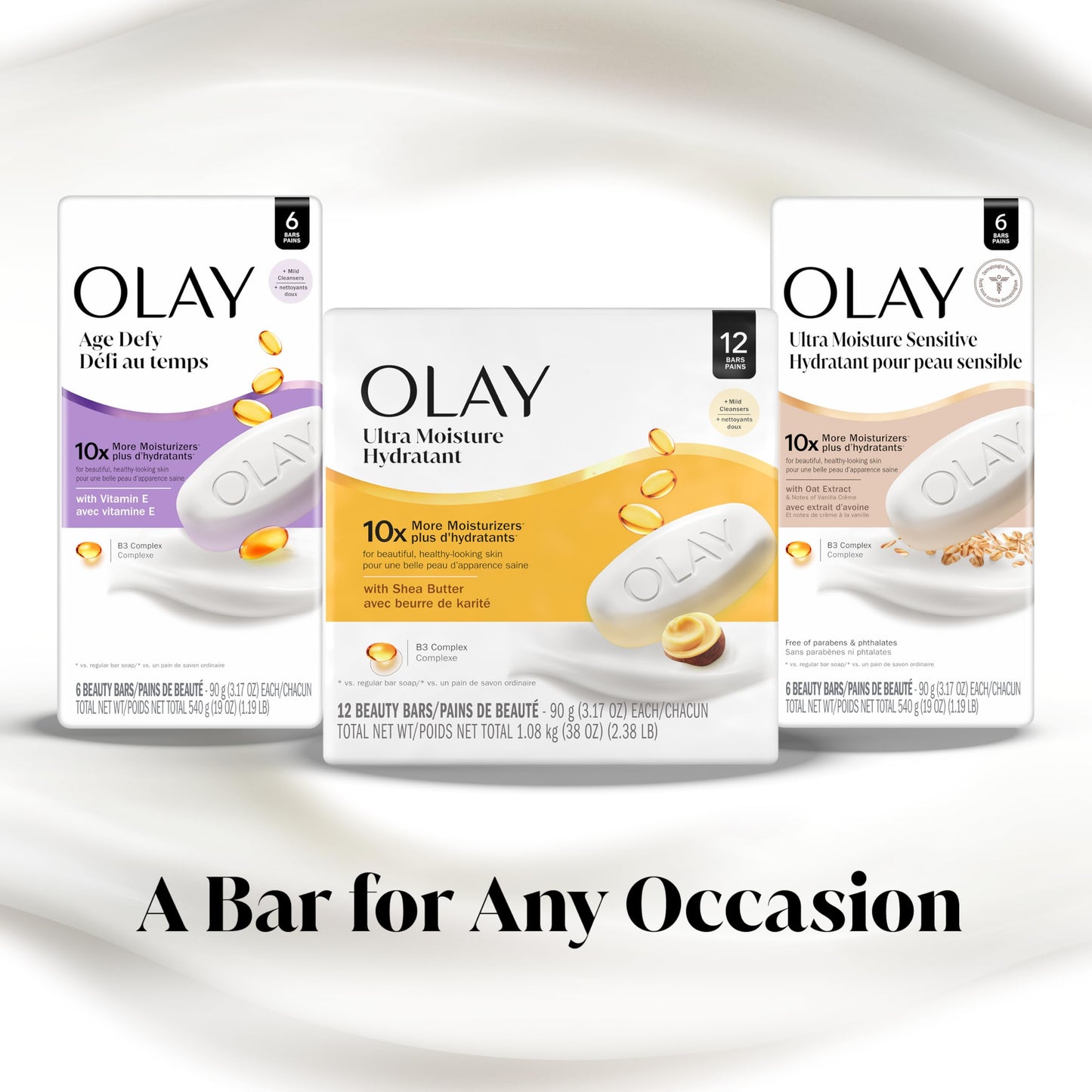 Olay Beauty Bar, Ultra Moisture,10x More Moisturizers, Nourishing Conditioners, Smooth & Gentle on Skin, Vitamin B3 Complex, For All Skin Types, Shea Butter Scent, 3.17 oz, (Pack of 12)