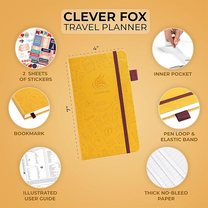 Clever Fox Travel Journal Pocket – Vacation & Road Trip Itinerary Planner Organizer & Traveling Memory Diary – Small Traveler Notebook (Amber Yellow)