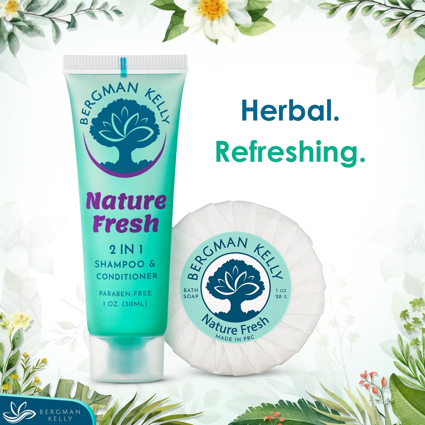 BERGMAN KELLY Round Soap Bars, 2in1 Shampoo & Conditioner 2-Piece Set (Nature Fresh, 1 oz each, 100 pc), Delight Your Guests with Refreshing & Soothing Hotel Amenities & Bulk Toiletries