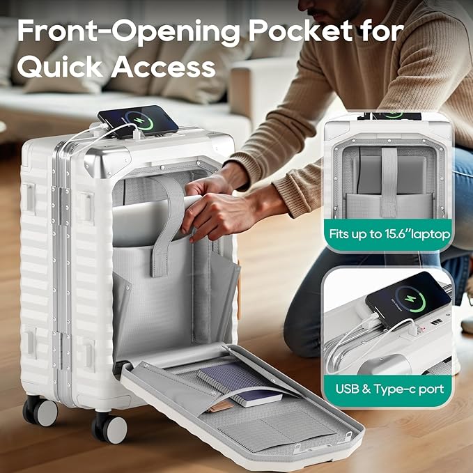 Joyway 20 Inch Carry on Luggage with Aluminium Frame and Front Pocket, PC Hardshell Suitcase with USB Port and Cup Holder, 21.5x14.2x9 Airline Approved, Luggage with Spinner Wheels and TSA Lock(White)