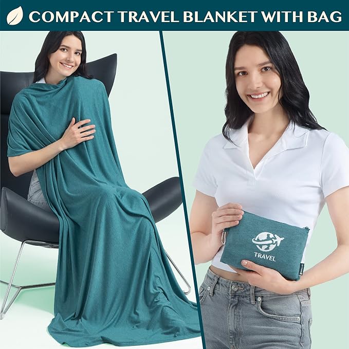 PAVILIA Travel Blanket Airplane Compact with Bag, Small Travel Pillow Blanket Long Flights, Lightweight Plane Blanket with Luggage Strap, Camping Blanket for Traveler Essentials, Teal Blue, 65x40