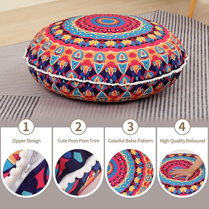 32 inches Meditation Floor Cushion for Adults, 2 Pack Round Large Thick Floor Pillow, Memory Foam Filling, Red