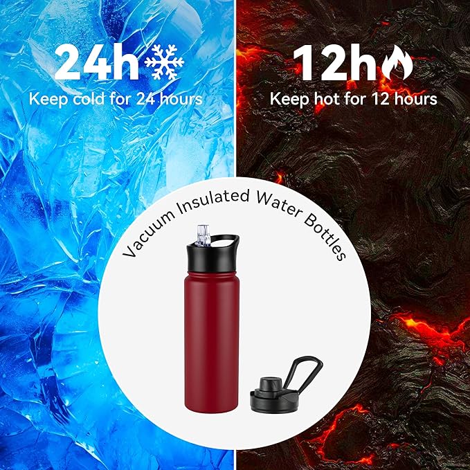 24oz Insulated Water Bottle with Straw Lid, Stainless Steel Metal Water Bottle with Straw & Wide Mouth Lid, Double Wall Vacuum Water Bottle for Hiking Camping, Red 1 Pack