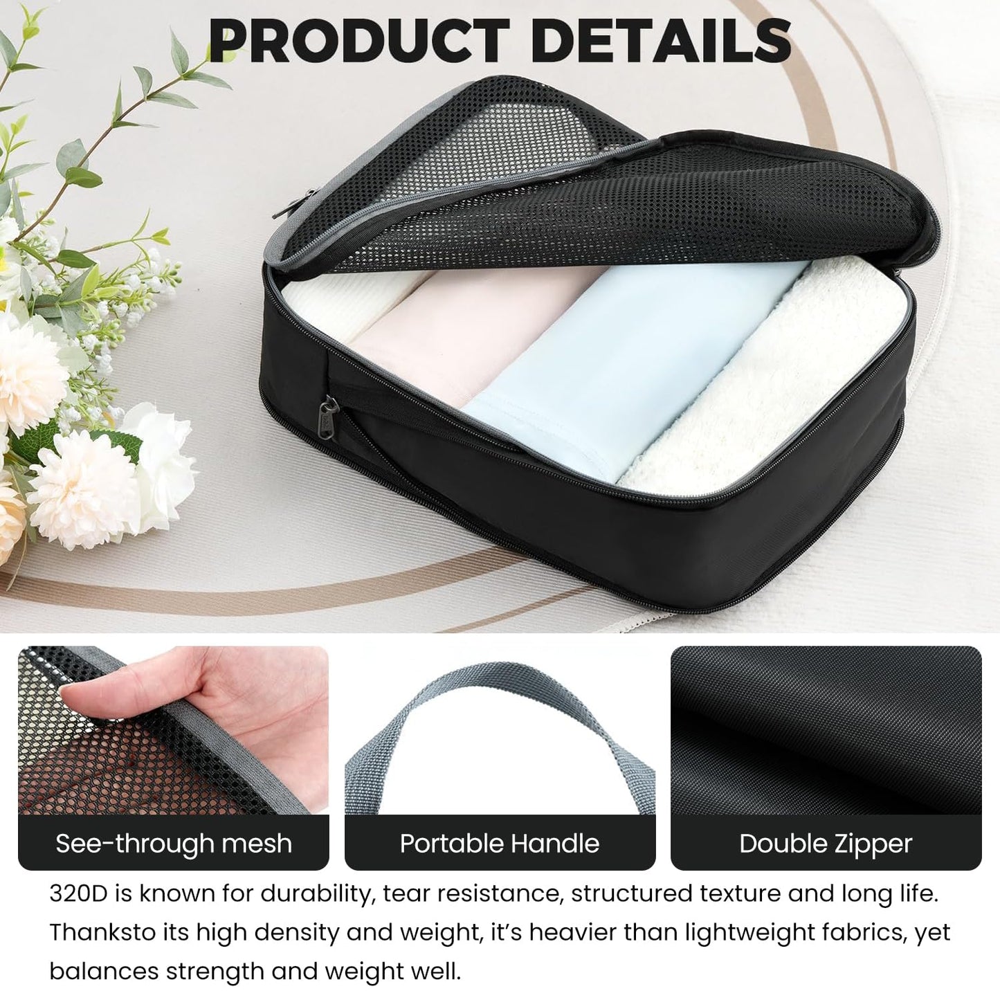 BAGAIL 4 Set/6 Set/8 Set Compression Packing Cubes Travel Accessories Expandable Packing Organizers (Half Mesh, 6-Black)