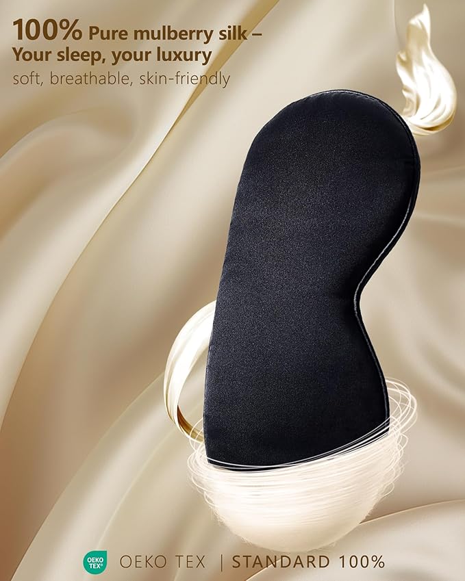 Silk Sleep Mask for Women - Soft Breathable Organic Natural Mulberry Silk Fabric Blackout Eye Mask for Sleeping with Adjustable Straps No Pressure Eye Mask for Travel Essentials Gifts (Black)