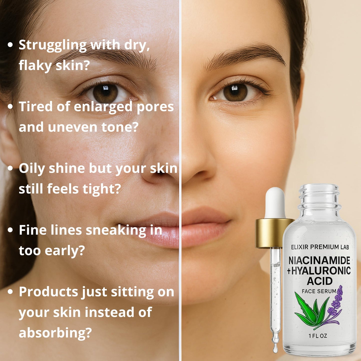 Korean Hyaluronic Acid and Niacinamide Serum for Face Skin Care – Reinforced with Glycerin, Vitamin E – Dark Spot Correcting Glow Serum for Women, Men – Day & Night Facial Moisturizer for Dry Skin