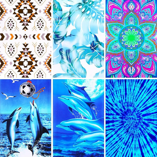 6 Packs Oversized Terry Beach Towel Set 36 x 72 Soft Thin Extra Large Big Pool Swim Camping Bulk Towels Blanket Clearance XL Travel Adult Essentials Accessories Must Haves Vacation Bohemian Leaf