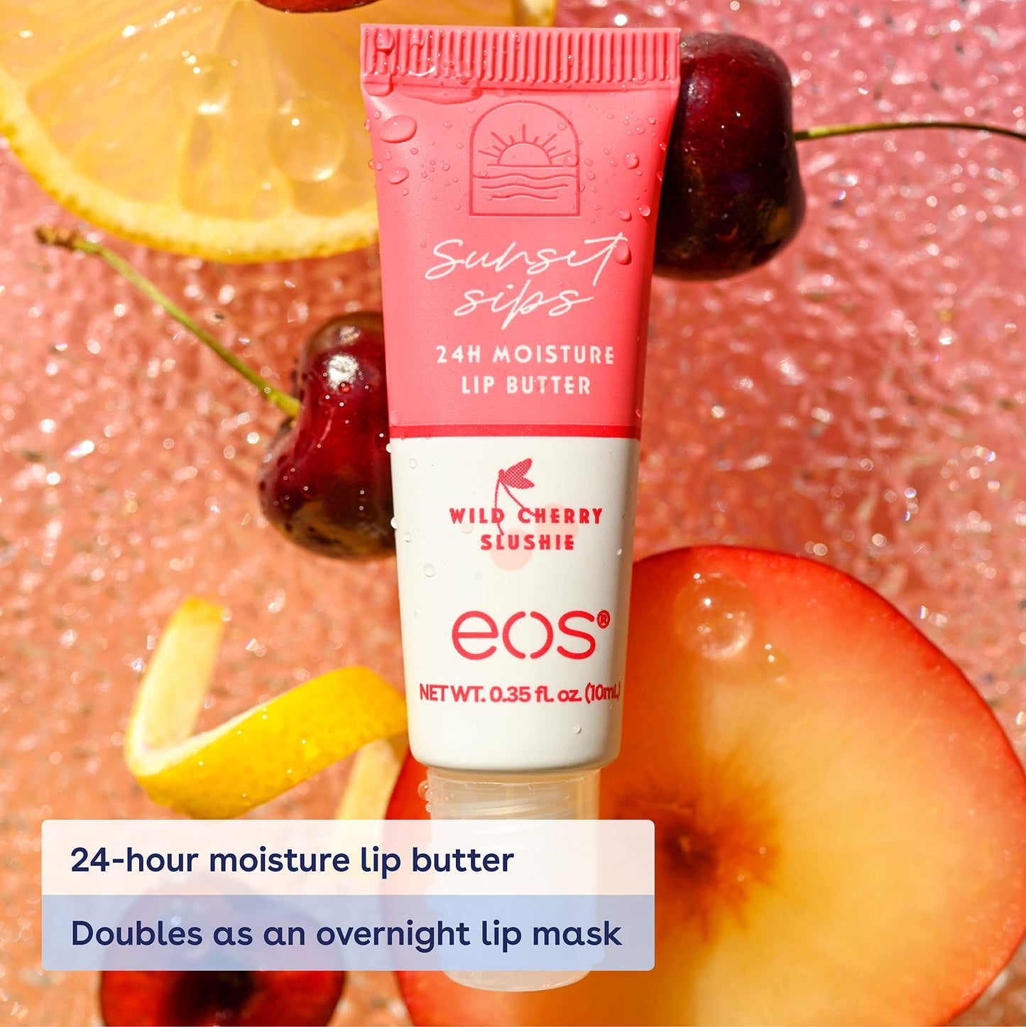 eos Sunset Sips Lip Butter Tube- Wild Cherry Slushie, 24-Hour Moisture, Overnight Lip Mask, Lip Care Products, 0.35 fl oz