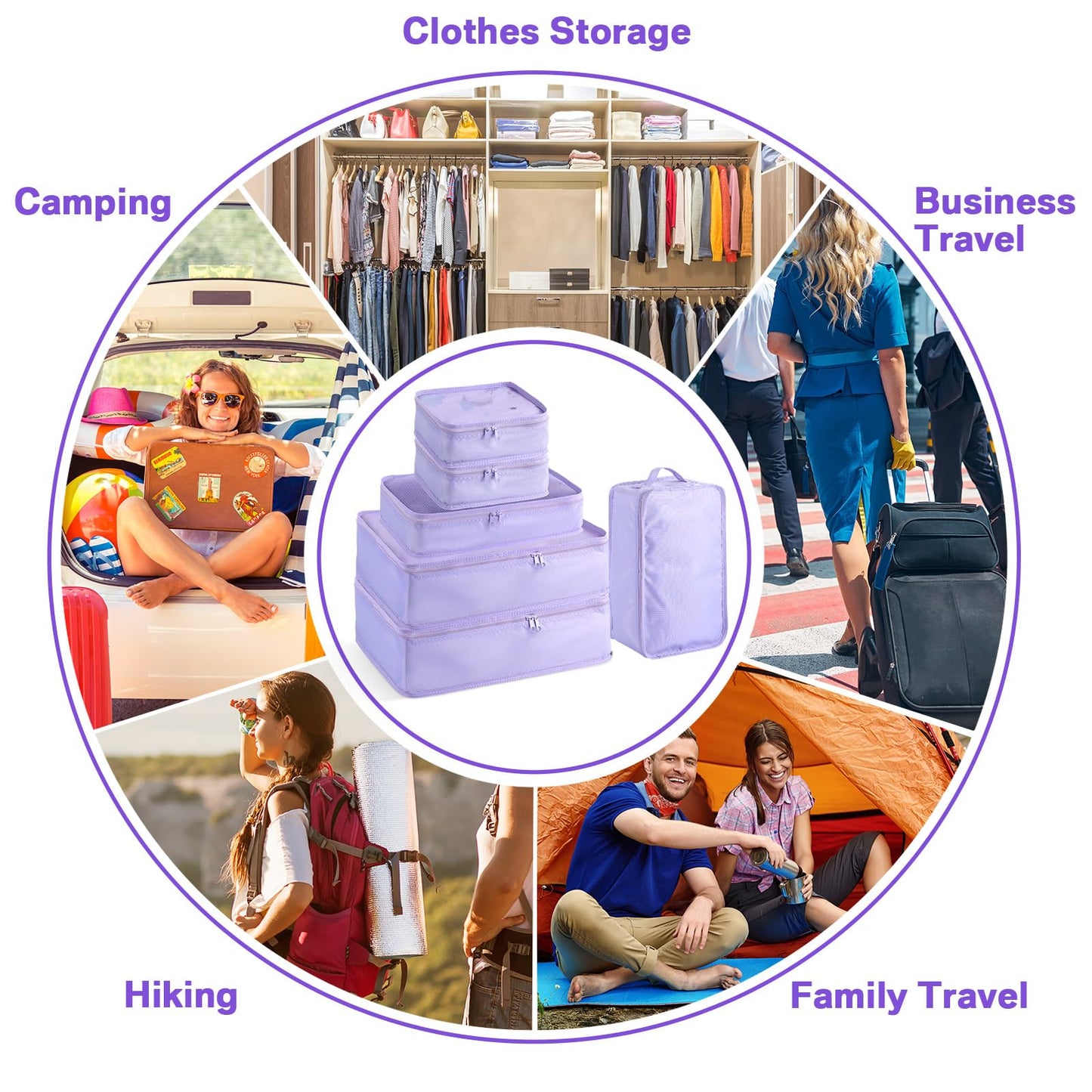 Reginary 2 Packs 6 Set Travel Packing Cubes Luggage Organizer Set Lightweight Suitcase with Shoe Bag for Clothes Toiletries (Purple)