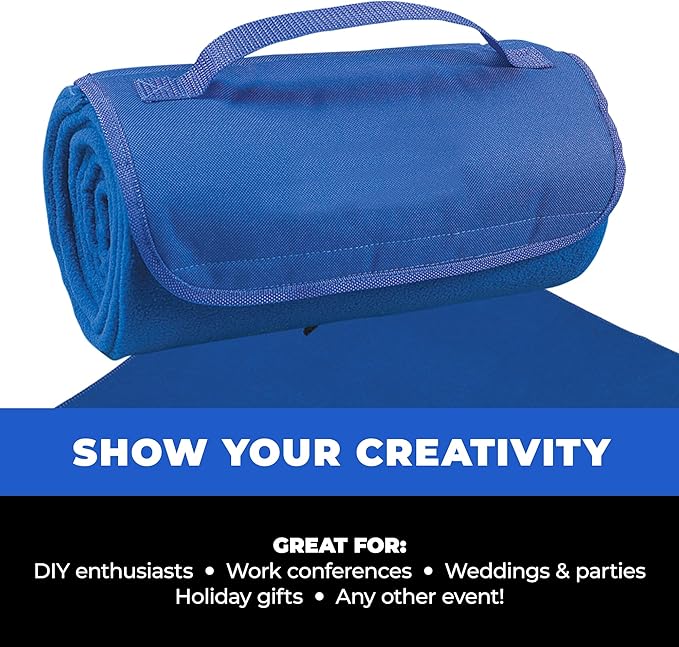 25 Ct of Roll-Up Blankets for Camping, Travel, Outdoors, Beach, Picnics – Dark Blue – Hook + Loop Closure for Easy Use in Cars & on Airplanes – Customizable for Promotions & Events