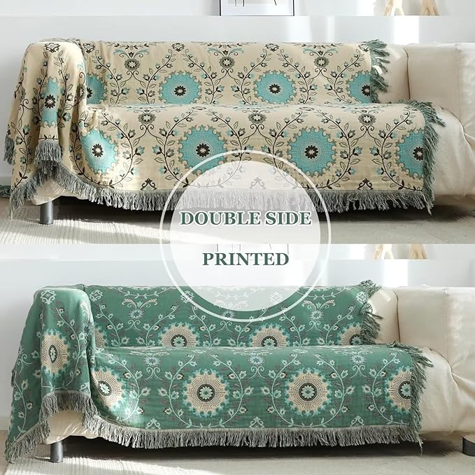 Boho Throw Blanket for Bed 100% Cotton Ultra Soft Rustic Quilt Fall Blanket Floral Printed Farmhouse Decor Bed Blankets,80"×90" All Season Rustic Throw for Sofa Couch Chair