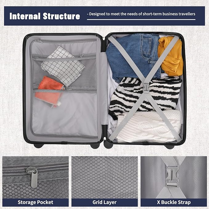 20 inch Small Carry On Luggage Front Open with Laptop Pocket, ABS+PC Hard Shell Suitcase with Spinner Wheels TSA Lock & YKK Zipper, 20in/Toiletry Bag/Handbag, Dark Deep Navy Blue