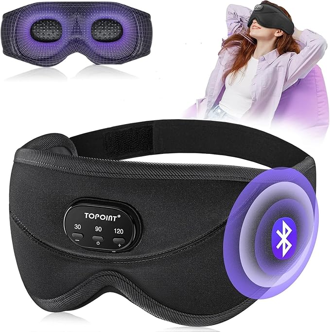 TOPOINT Sleep Mask with Bluetooth Headphones, 3D Eye Mask for Sleep Headphones with White Noise, Total Blackout, 5.4 Bluetooth, Timer, 15 Hours for Women Men, Travel, Meditation, Nap, CPAP Users