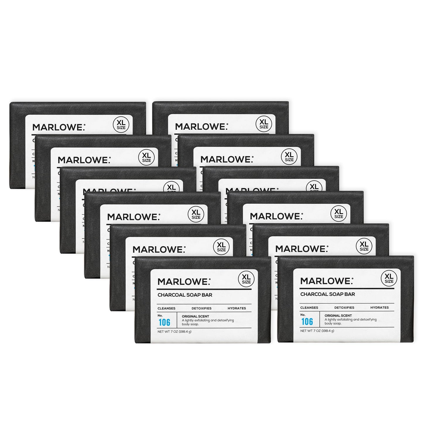 MARLOWE. No. 106 Charcoal Soap 7 oz (12 Bars) Body Bar Soap for Men, Cleansing, Purifying & Hydrating with Natural Extracts, Shea Butter, Olive Oil & Green Tea Extracts, Fresh Woodsy Scent