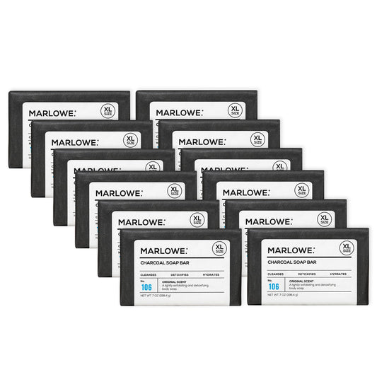 MARLOWE. No. 106 Charcoal Soap 7 oz (12 Bars) Body Bar Soap for Men, Cleansing, Purifying & Hydrating with Natural Extracts, Shea Butter, Olive Oil & Green Tea Extracts, Fresh Woodsy Scent