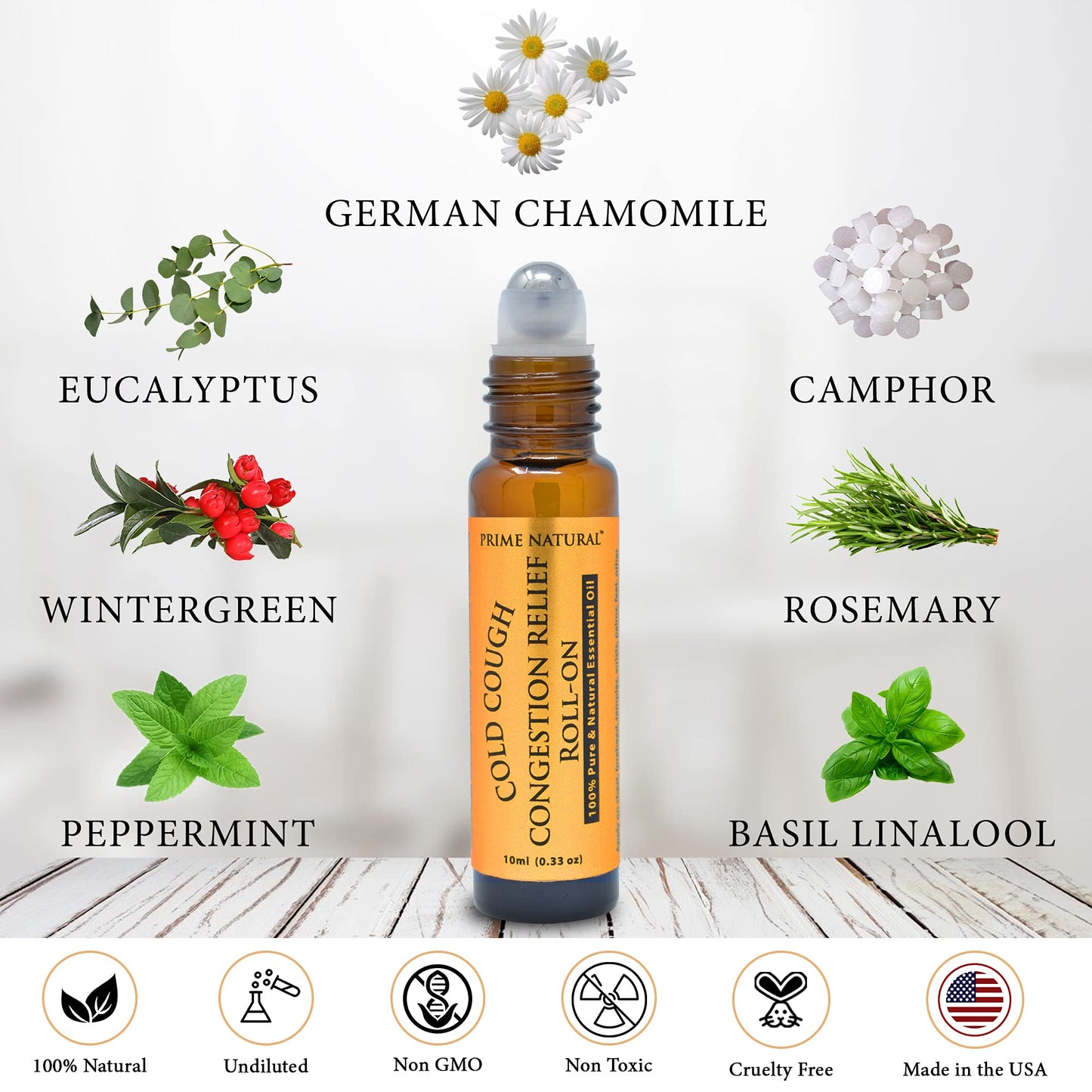 PRIME NATURAL Cold Cough Congestion Relief Essential Oil Roll on (10ml), Pre-Diluted Ready to Use Roller for Sinus, Sore Muscle, Headache & Sleep