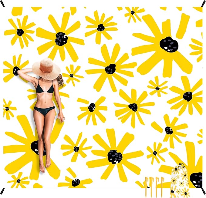 Beach Blanket, Waterproof Sandproof Beach Mat with 4 Stakes & 4 Pockets, 78''×86'' Large Compact Lightweight Sand Free Outdoor Essentials for Beach, Picnic, Travel, Camping