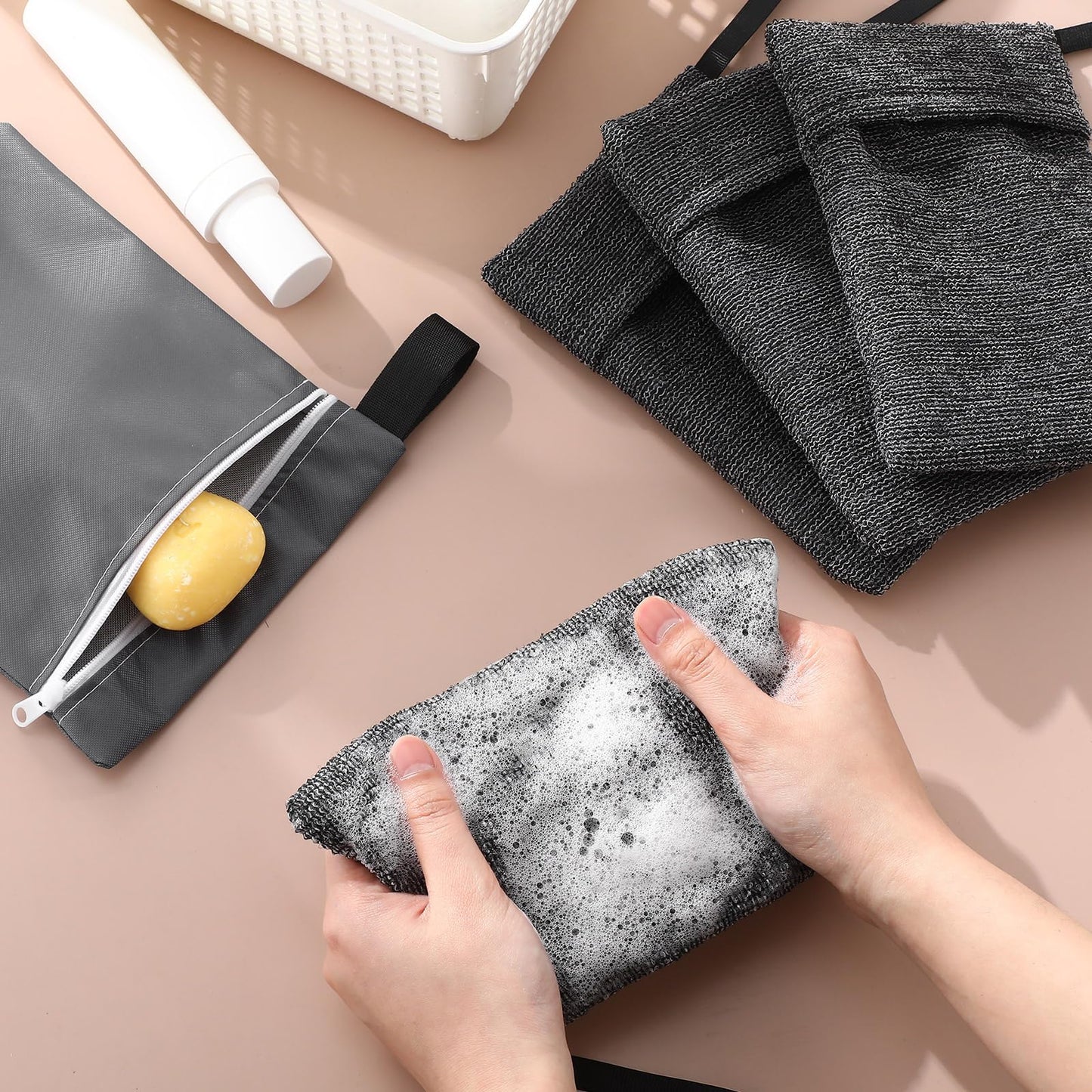 Reallnaive 8 Pcs Travel Soap Bar Bag Set, 4 Waterproof & Leakproof Soap Dish Case 4 Foaming Nets Multifunctional Toiletry Shower Gym Essentials Quick Dry Pouch for Camping Enthusiasts(Gray)