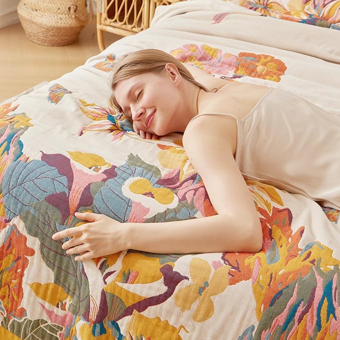 King Throw Blanket for Bed 100% Cotton Boho Ultra Soft Rustic Quilt Butterfly and Floral Double Embroidery Fall King Bed Blanket,90"×108" All Season Blankets for Bedding Couch