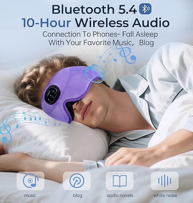 LC-dolida 5.4 Bluetooth Sleep Mask with White Noise,Sleep Headphones,Bluetooth Wireless Music Eye Mask, Ideal for Travel, Night Work,Side Sleeping and Office Use for Both Men and Women(Lavender)