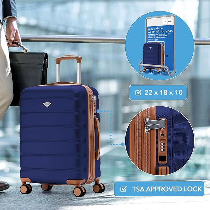 Carry On Suitcase Hardside TSA Lock & USB Port Silent Double Spinner Wheels Maximum Overhead Carry-On Bag Approved For Many Airlines( 22x18x10" ,Navy/Tan )