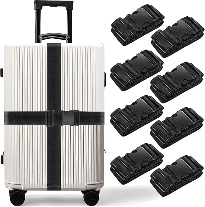 BILIONE 8 Pcs Luggage Straps, 79" Long Belts Keep Suitcase Secure While Traveling, TSA Approved Add a Bag Premium Accessory for Travel Bag Closure (8Pcs Black)