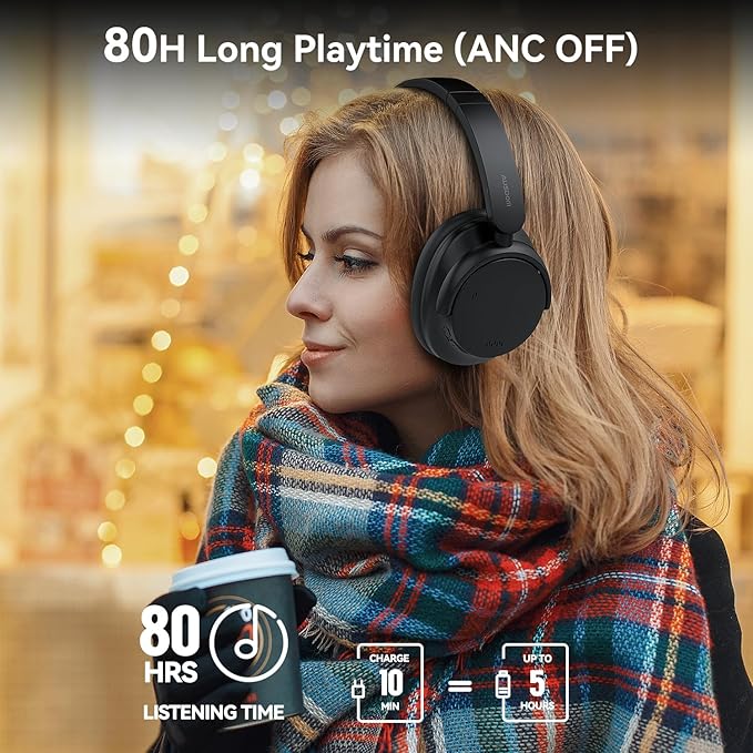 AUSDOM Hybrid Noise Cancelling Headphones: Wireless Bluetooth 5.4 Over Ear Headphones, Foldable ANC Headphone with Mic, 80H Playtime, Hi-Fi Audio, Deep Bass, Comfortable Earpad for Home Office Travel