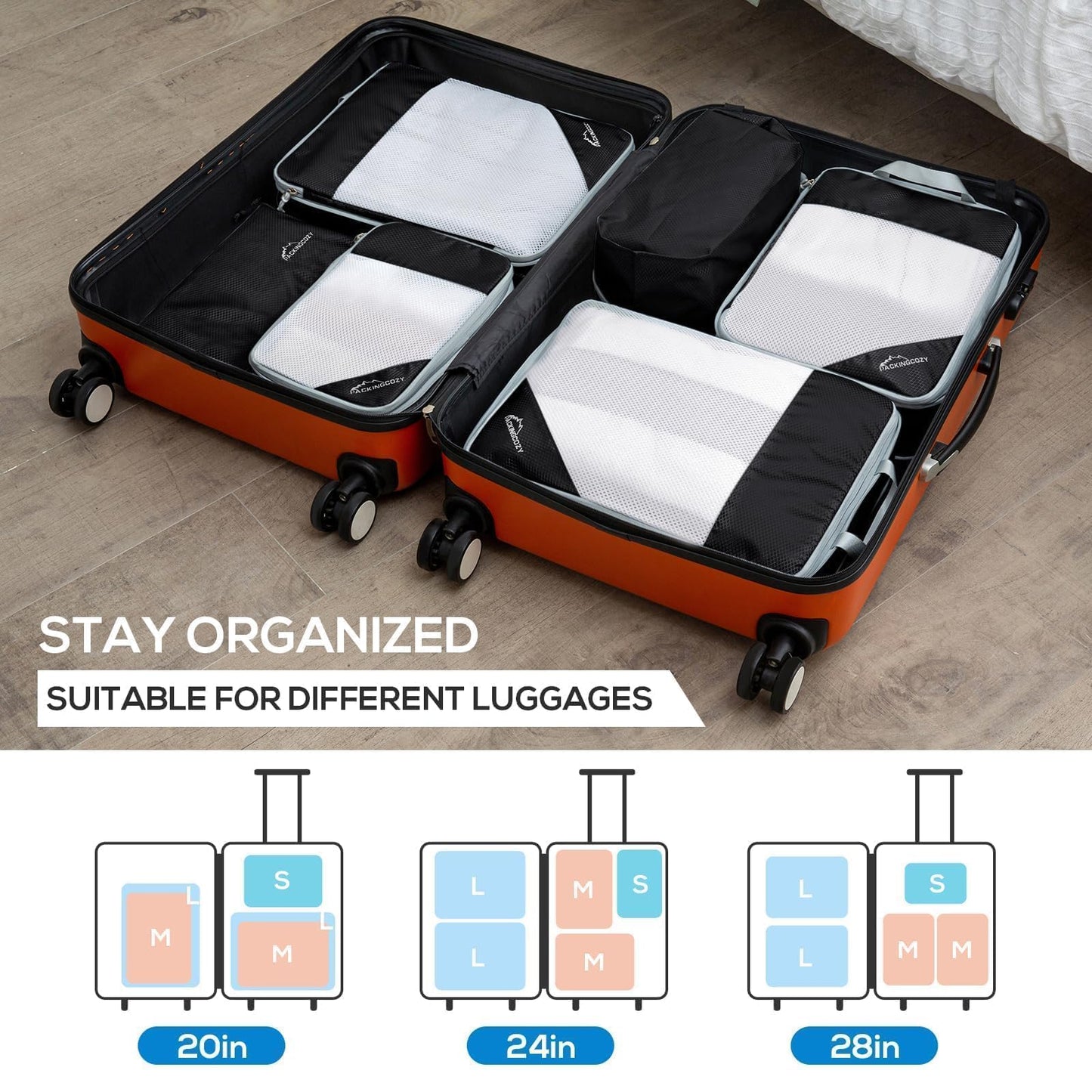 Compression Packing Cubes, 5 Set Packing Cubes for Travel Compression, Lightweight Compressible Package Organizer for Carry On and Suitcases, Black