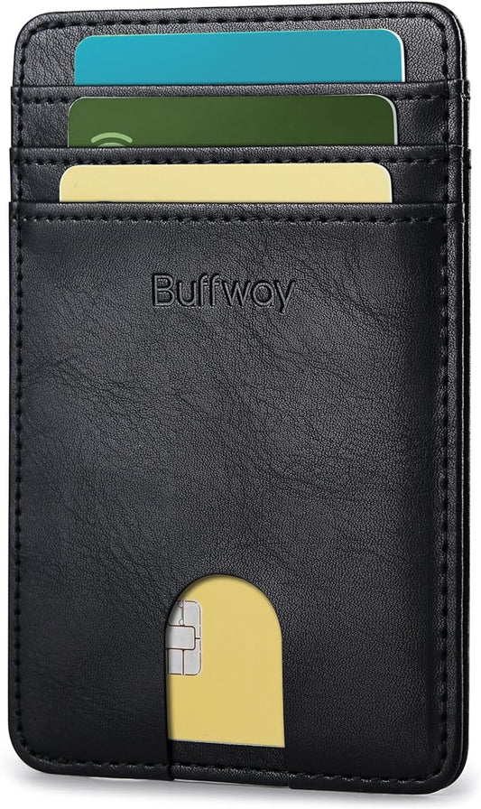 Buffway Mens Slim Wallet, Minimalist Thin Front Pocket Leather Credit Card Holder with RFID Blocking for Work Travel