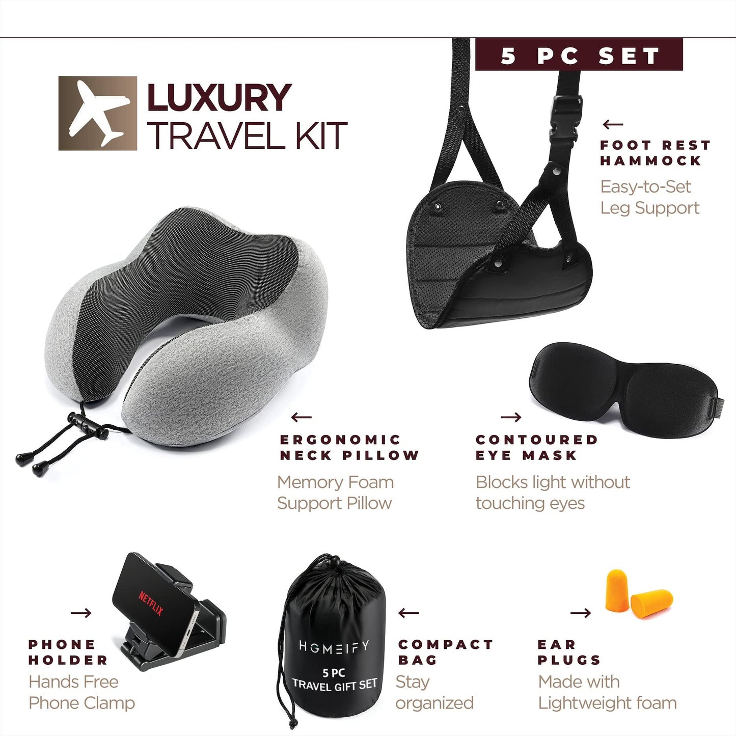 Airplane Neck Pillow Includes Travel Pillow + Airplane Phone Holder Mount + Eye Masks + Foot Hammock + Earplugs for Travel, 100% Pure Memory Foam Travel Pillow, 6 Pc Travel Kit