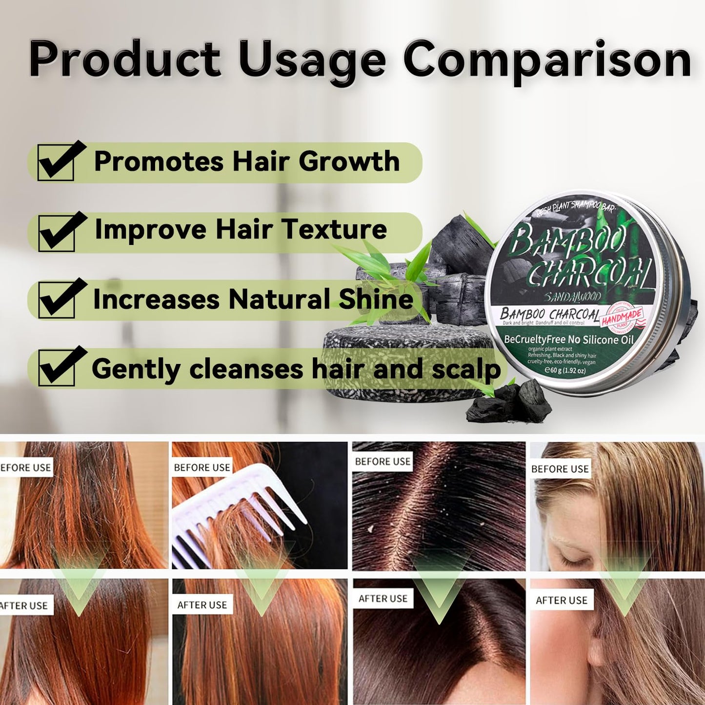 Loobexery 2PCS Bamboo Charcoal Shampoo Bar for Gray Hair, Black Soap for Gray Hair Natural Organics Shampoo and Conditioner Bar for Thinning Hair for Men & Women (Bamboo Charcoal)