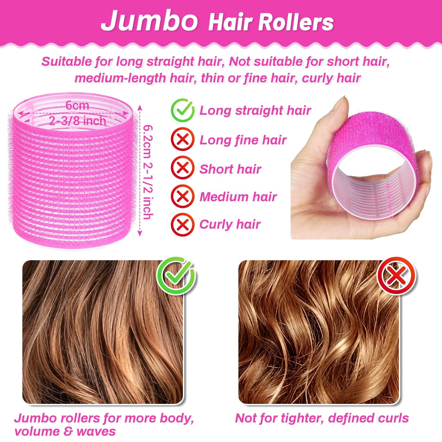 Jumbo Hair Curlers Rollers, 12Pcs 60mm Jumbo Hair Roller Curlers Self Grip Holding Rollers with 12Pcs Hair Clips for Long Straight Thick Hair (Rose Red)