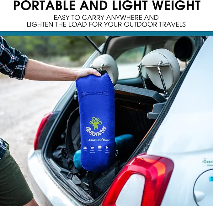 4Monster Down Camping Blanket - Outdoor Travel Quilt Puffy 650 Fill, Packable, Lightweight,Wind & Waterproof | Ideal for Stadium, Backpacking,Picnics, Beach and Hiking