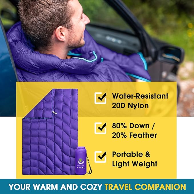 4Monster Down Camping Blanket - Outdoor Travel Quilt Puffy 650 Fill, Packable, Lightweight,Wind & Waterproof | Ideal for Stadium, Backpacking,Picnics, Beach and Hiking