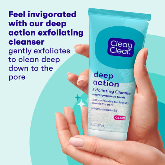 Clean & Clear Deep Action Exfoliating Facial Cleanser, Scrub & Face Wash, Pro-Vitamin B5, Lactic & Glycolic Acids, Oil-Free Gentle Daily Exfoliator for Soft, Smooth, Hydrated Skin, Vegan, 7 Fl Oz Tube